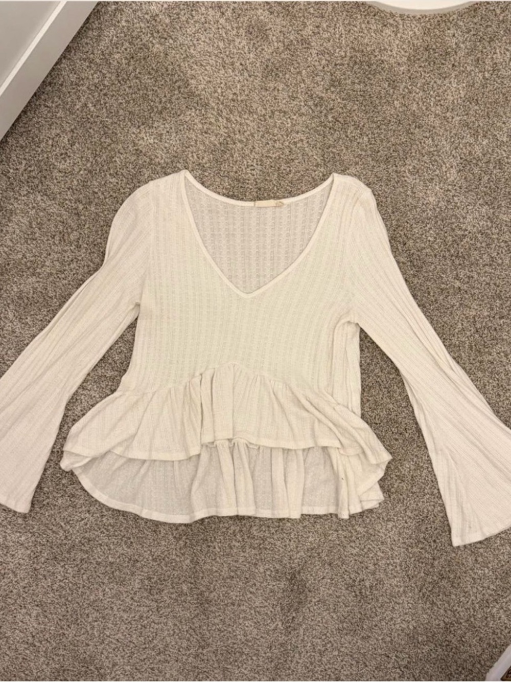Women’s Cream Bell Sleeve Ruffle Hem V-Neck Top